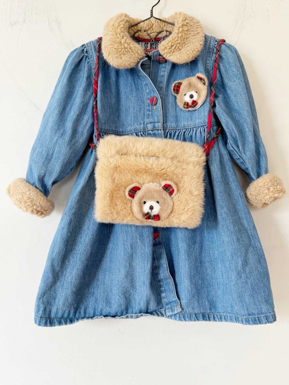 Vintage 80s 90s San Francisco Blues Denim Dress and Teddy Bear Muff Purse 2T